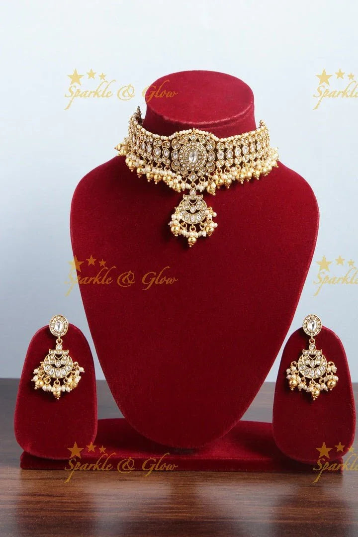 Gold alike non idol beautiful choker with kundan stones with gold bead drops - Sparkle and Glow
