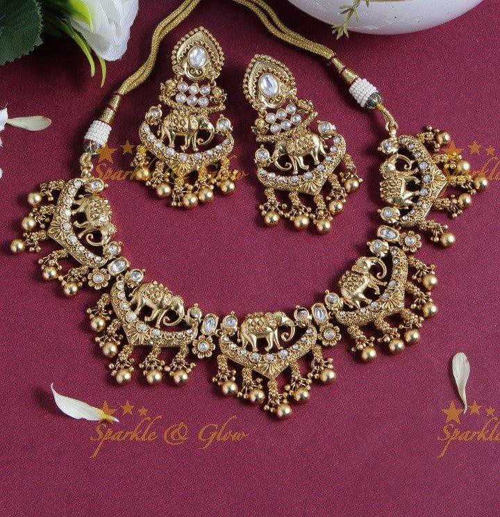 Stunning gold alike Elephant necklace wih kundan stones and gold beads - Sparkle and Glow