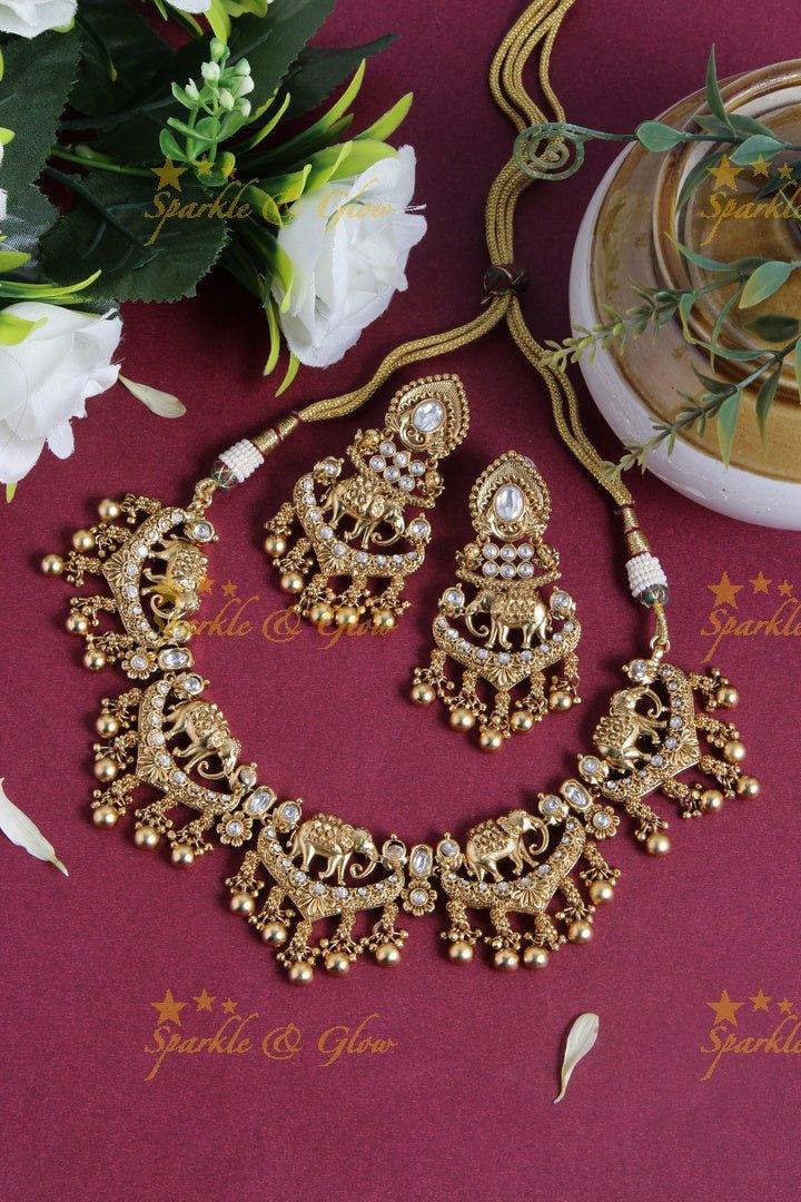Stunning gold alike Elephant necklace wih kundan stones and gold beads - Sparkle and Glow