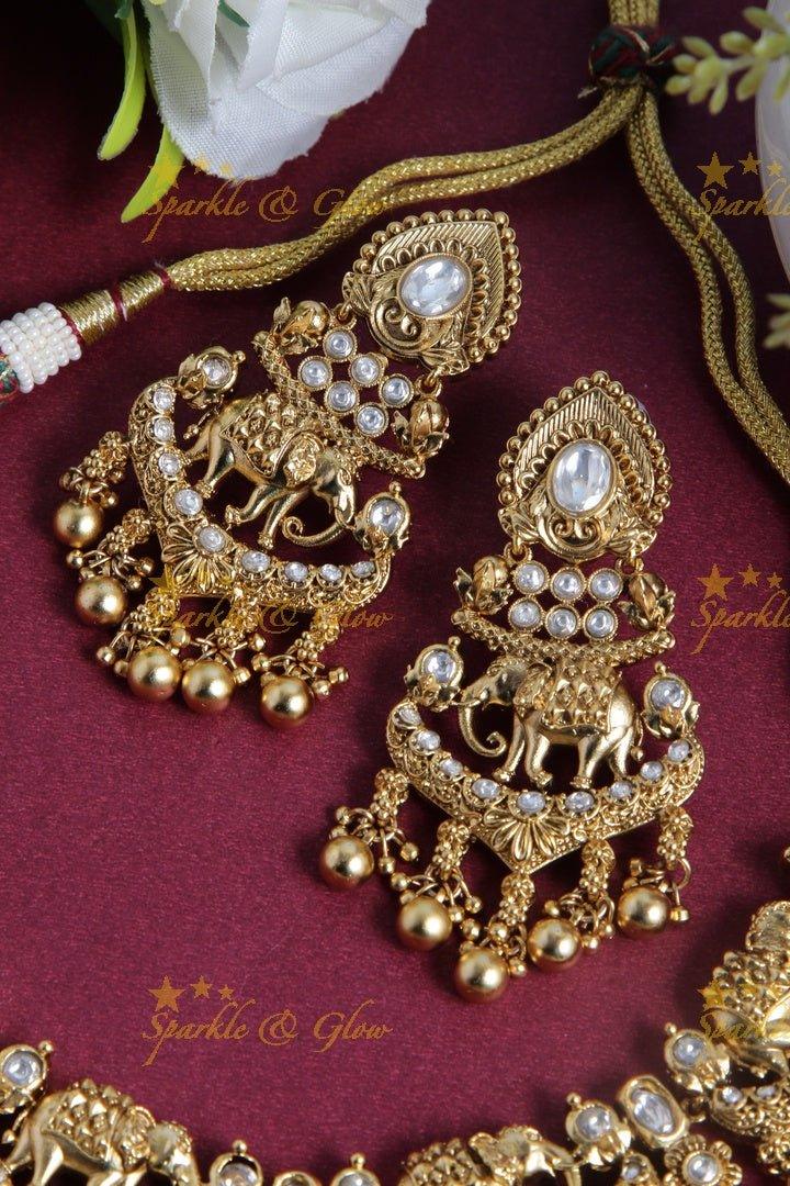 Stunning gold alike Elephant necklace wih kundan stones and gold beads - Sparkle and Glow