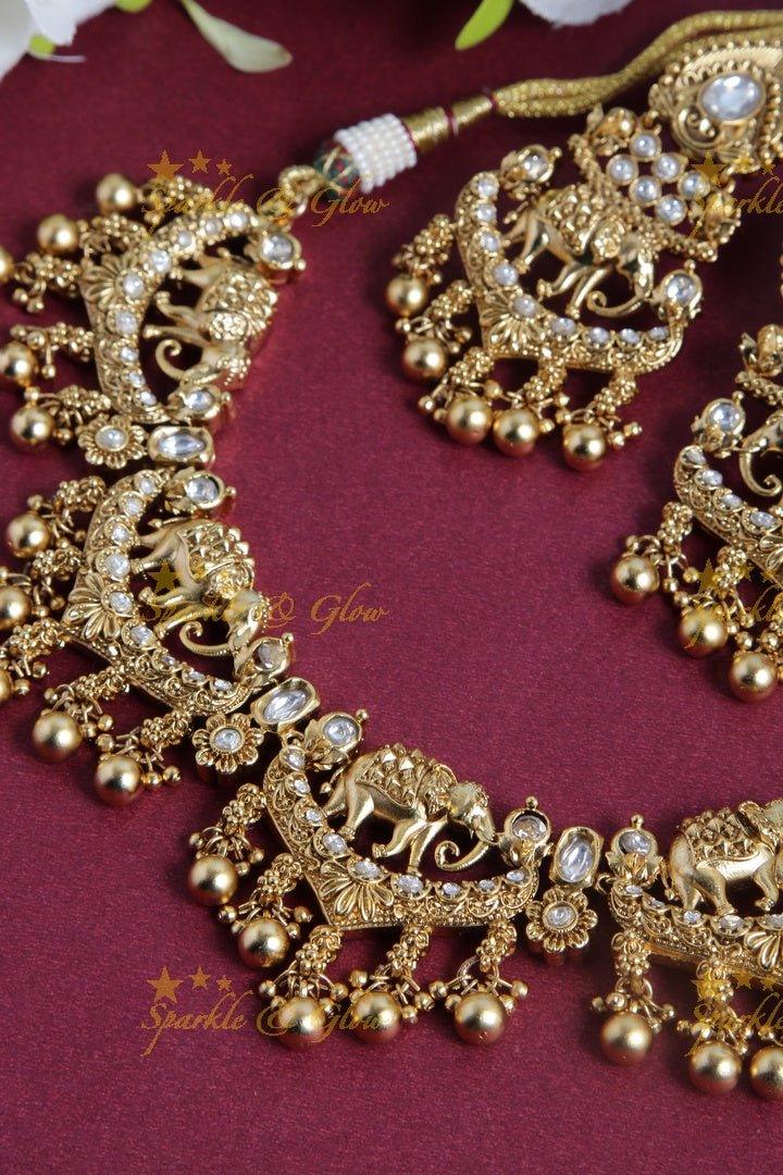 Stunning gold alike Elephant necklace wih kundan stones and gold beads - Sparkle and Glow