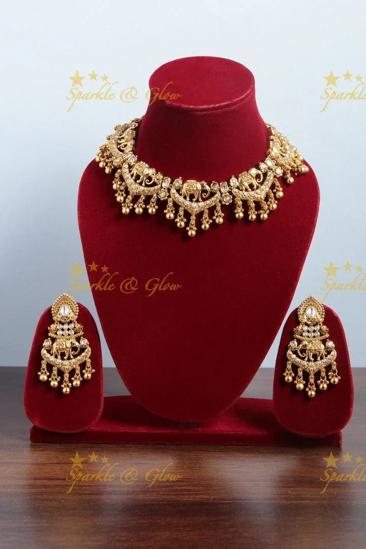 Stunning gold alike Elephant necklace wih kundan stones and gold beads - Sparkle and Glow