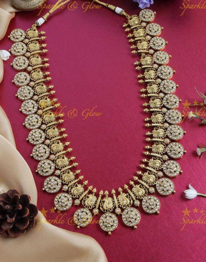 Gold alike non idol kundan stones beautiful floral bottu peacock haram - Sparkle and Glow