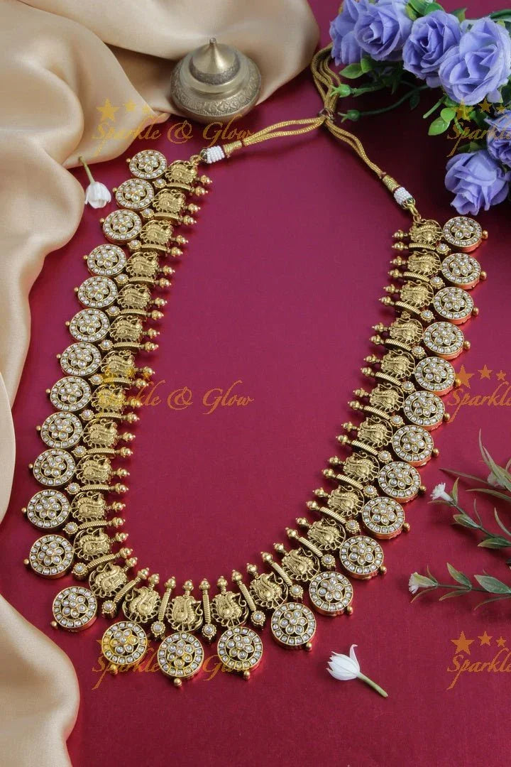Gold alike non idol kundan stones beautiful floral bottu peacock haram - Sparkle and Glow
