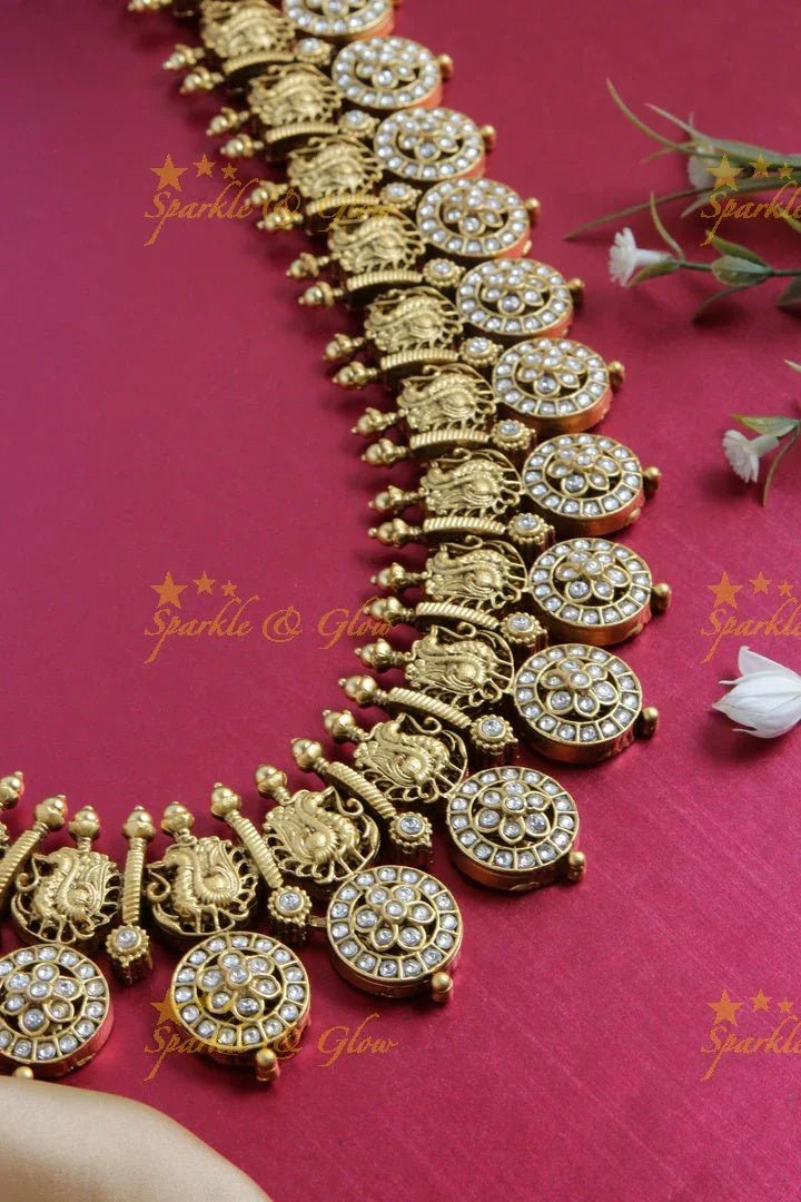 Gold alike non idol kundan stones beautiful floral bottu peacock haram - Sparkle and Glow