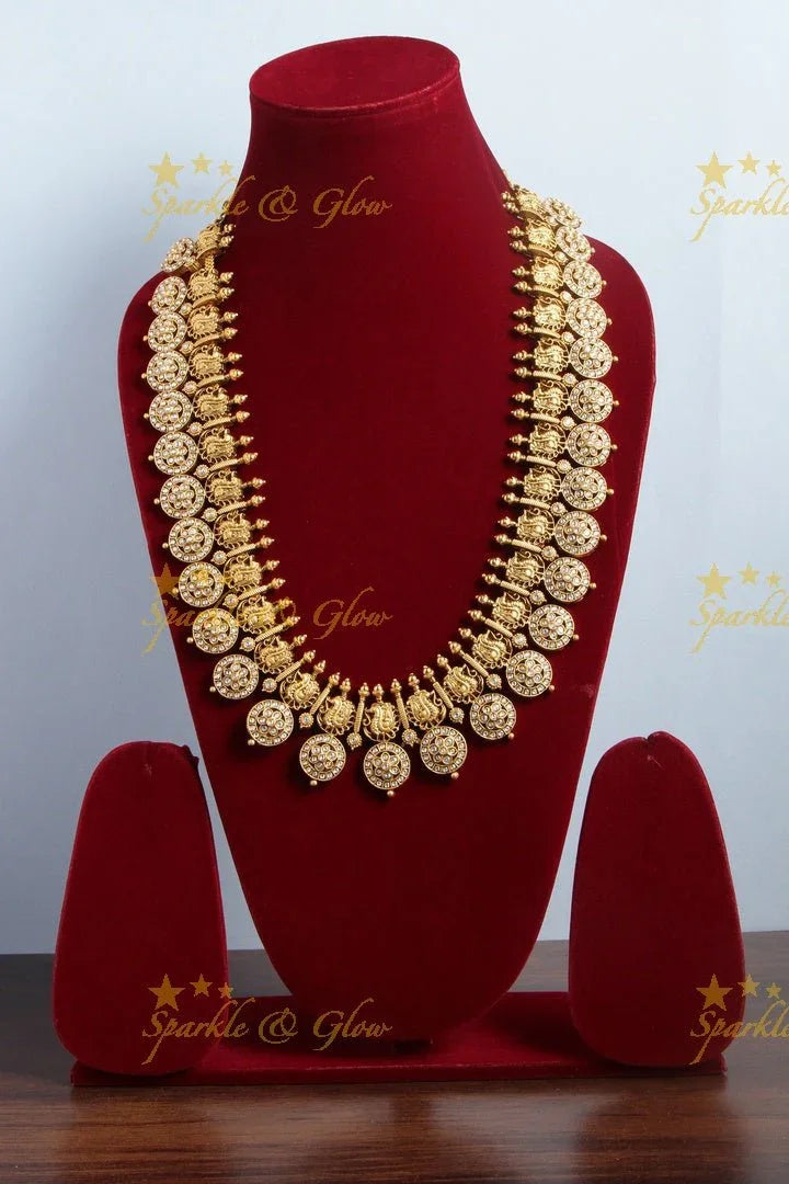 Gold alike non idol kundan stones beautiful floral bottu peacock haram - Sparkle and Glow