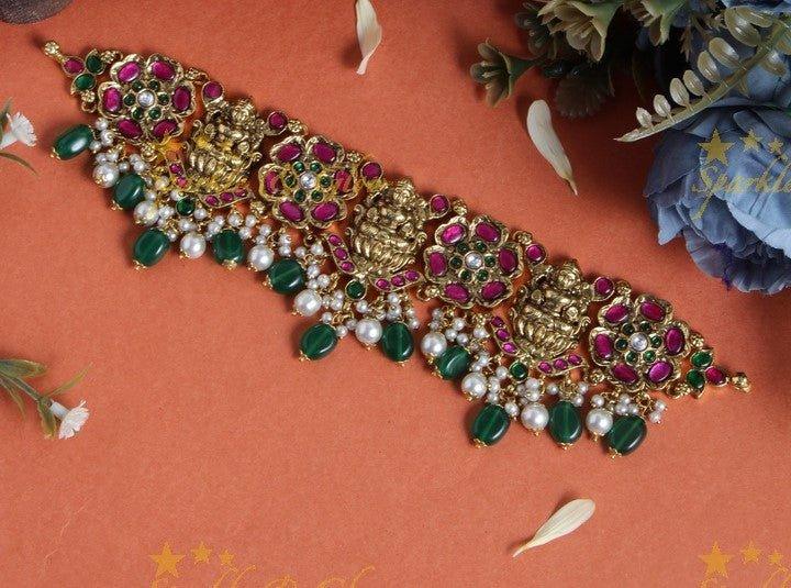 Antique elegant jadau Lakshmi floral choker with green pearl drops - Sparkle and Glow