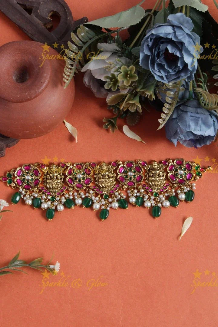 Antique elegant jadau Lakshmi floral choker with green pearl drops - Sparkle and Glow