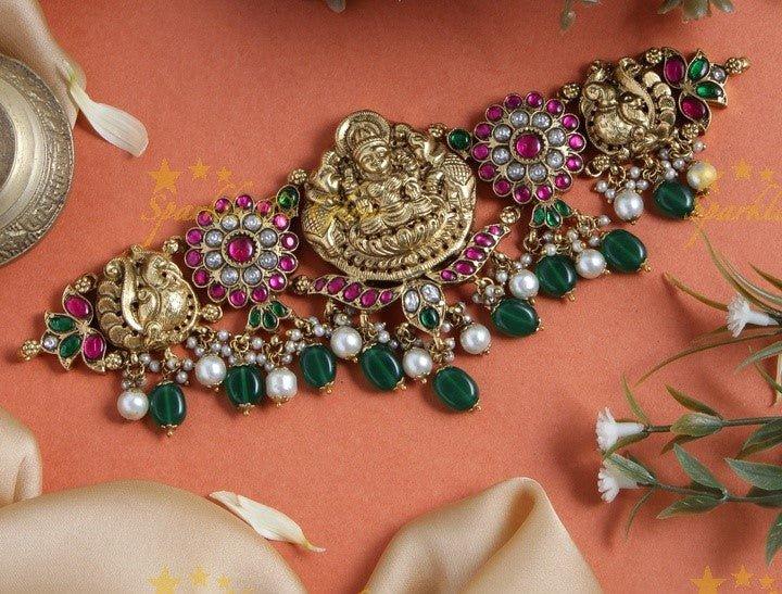 Antique elegant jadau Lakshmi floral and peacock carved choker with green pearl drops - Sparkle and Glow