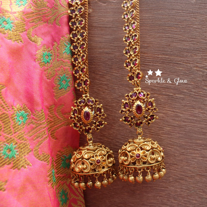 Kemp stones flower studded intricate jhumukas with earchain