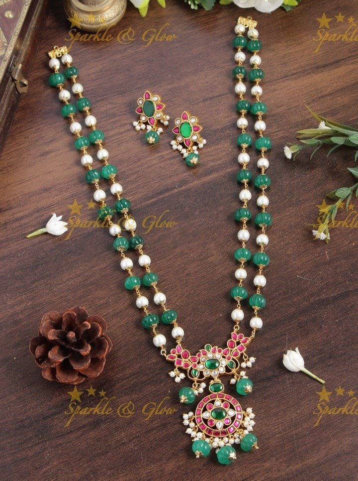 Gheru gold Jadau floral Pendent Green pumpkin and pearl beads chain - Sparkle and Glow - Back Thread - 