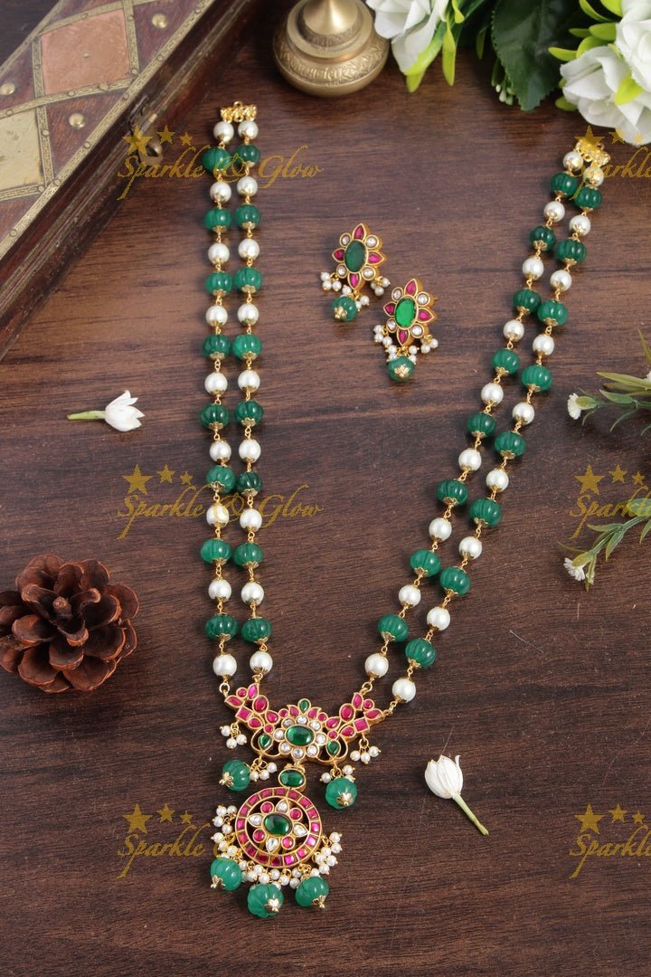 Gheru gold Jadau floral Pendent Green pumpkin and pearl beads chain - Sparkle and Glow - Back Thread - 