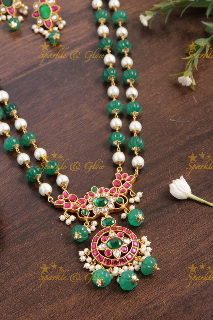 Gheru gold Jadau floral Pendent Green pumpkin and pearl beads chain - Sparkle and Glow - Back Thread - 