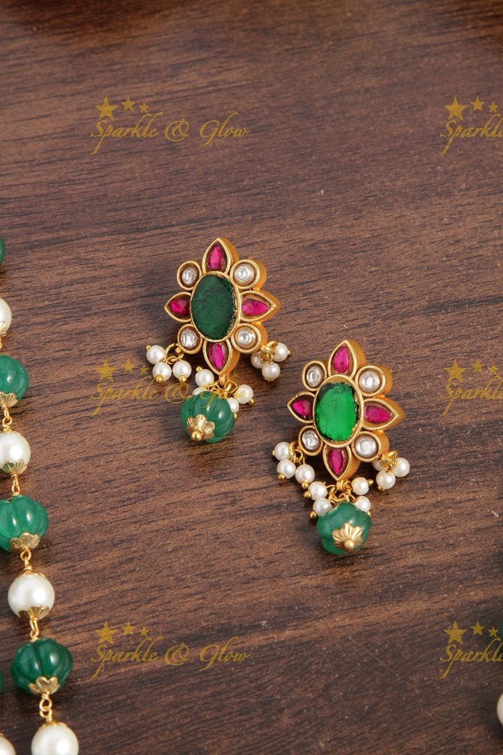 Gheru gold Jadau floral Pendent Green pumpkin and pearl beads chain - Sparkle and Glow - Back Thread - 