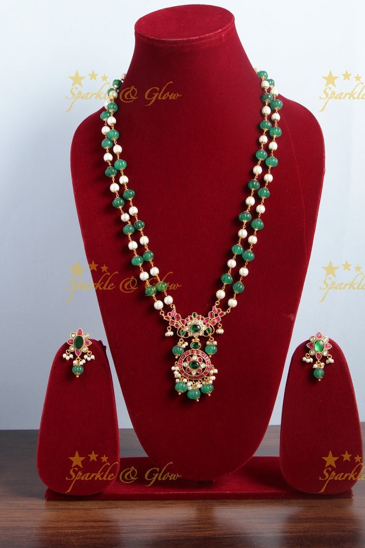 Gheru gold Jadau floral Pendent Green pumpkin and pearl beads chain - Sparkle and Glow - Back Thread - 