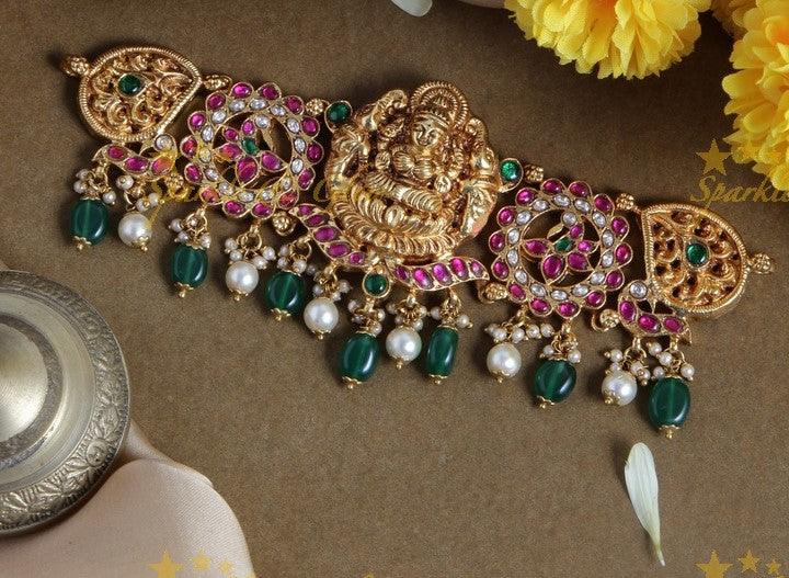 Jadau elegant Lakshmi peacock floral design choker with green pearl drops - Sparkle and Glow
