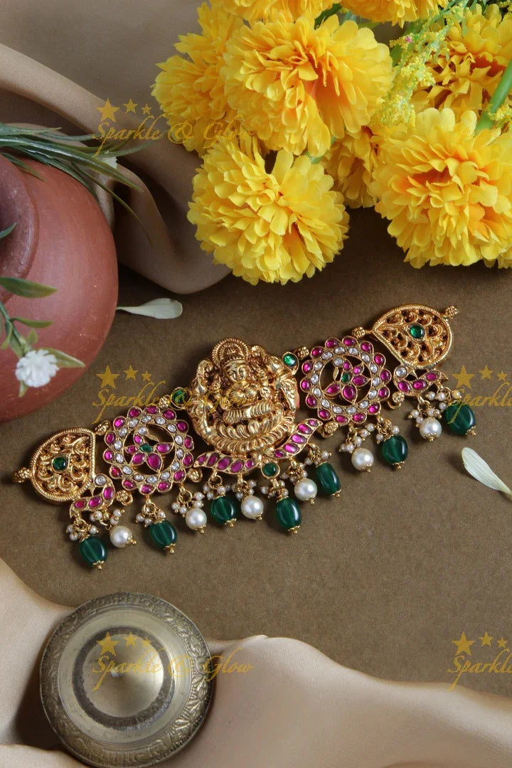 Jadau elegant Lakshmi peacock floral design choker with green pearl drops - Sparkle and Glow