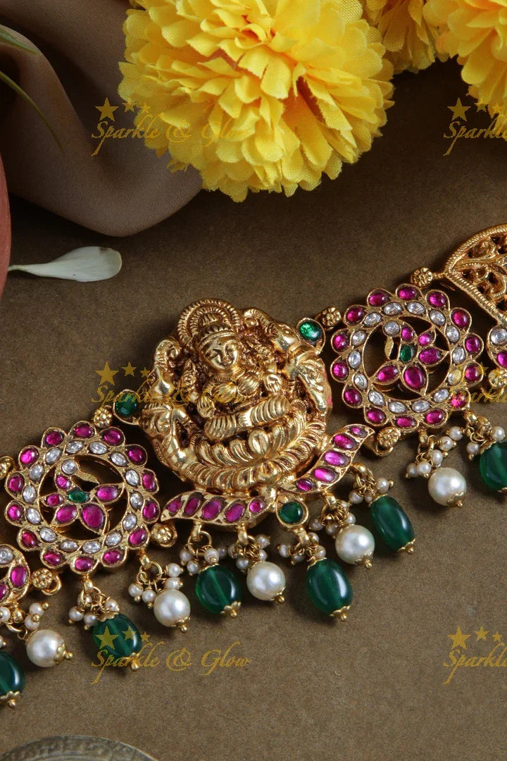 Jadau elegant Lakshmi peacock floral design choker with green pearl drops - Sparkle and Glow