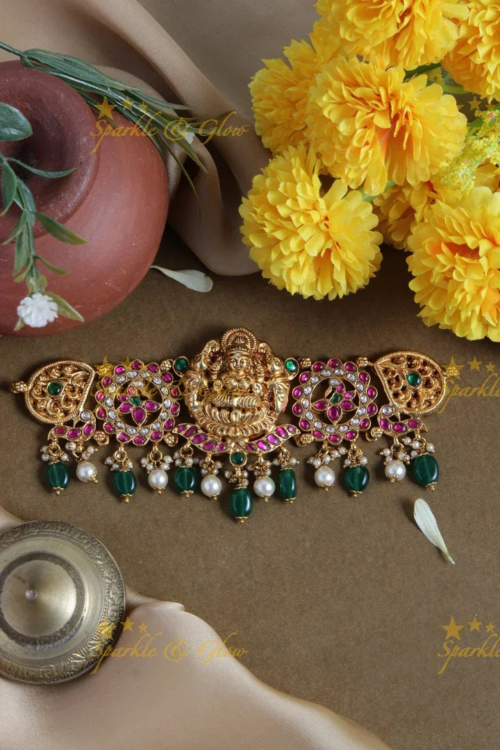 Jadau elegant Lakshmi peacock floral design choker with green pearl drops - Sparkle and Glow