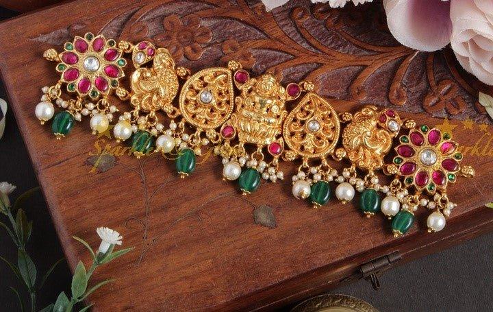 Jadau Stunning Lakshmi peacock design choker with green pearl drops - Sparkle and Glow