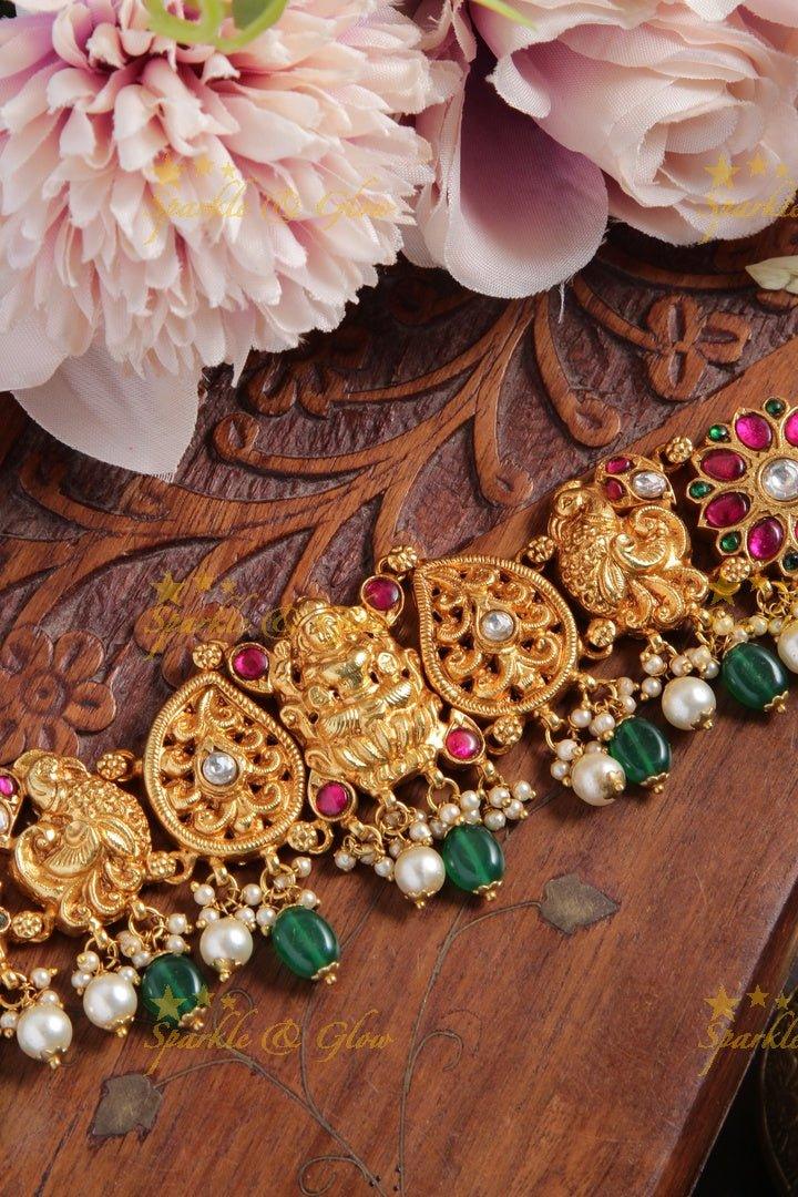 Jadau Stunning Lakshmi peacock design choker with green pearl drops - Sparkle and Glow