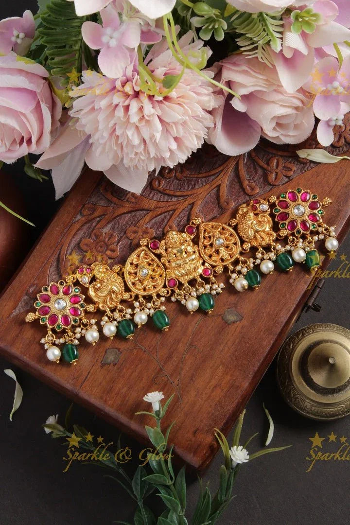 Jadau Stunning Lakshmi peacock design choker with green pearl drops - Sparkle and Glow