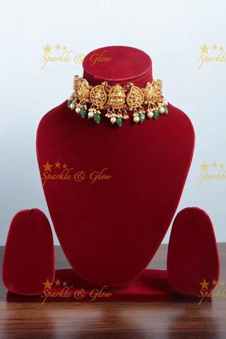 Jadau Stunning Lakshmi peacock design choker with green pearl drops - Sparkle and Glow
