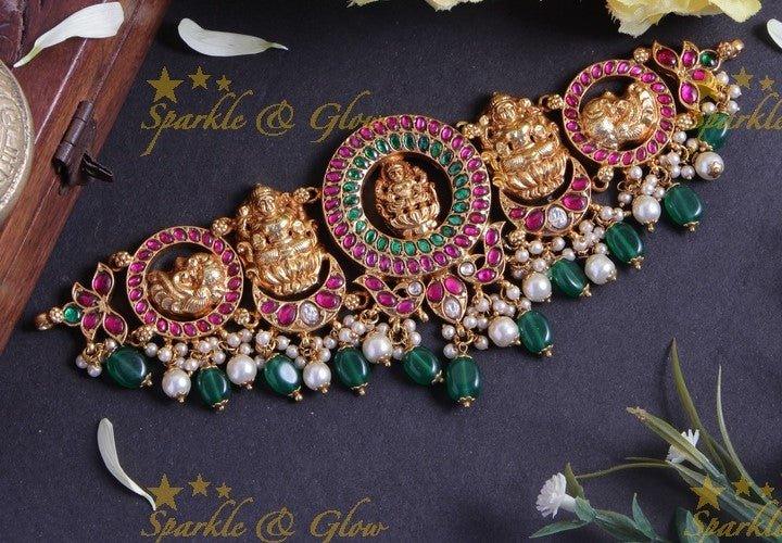 Elegant Jadau Lakshmi Choker with green pearl beads - Sparkle and Glow
