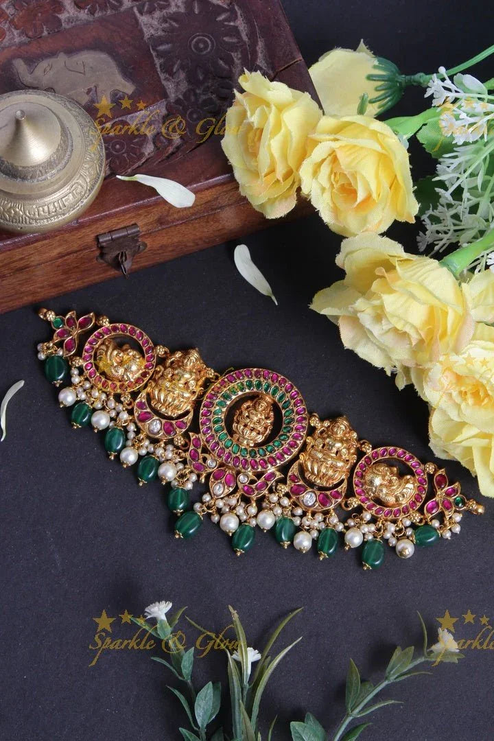 Elegant Jadau Lakshmi Choker with green pearl beads - Sparkle and Glow