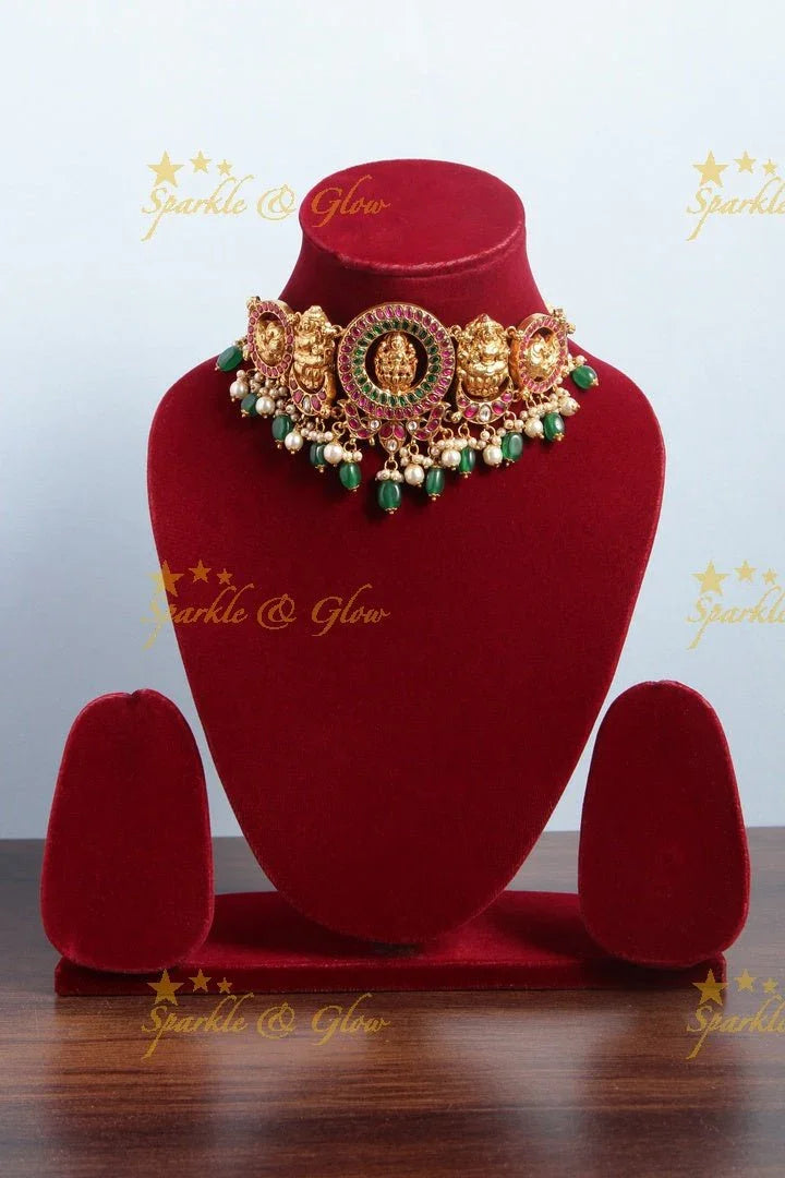 Elegant Jadau Lakshmi Choker with green pearl beads - Sparkle and Glow