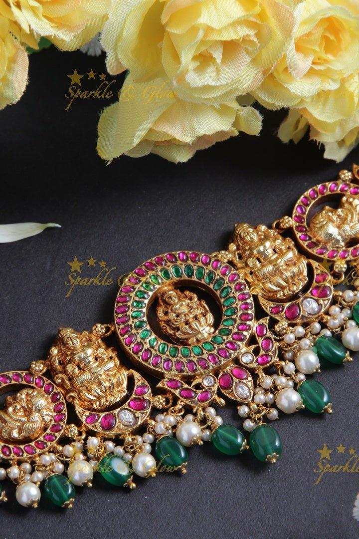 Elegant Jadau Lakshmi Choker with green pearl beads - Sparkle and Glow