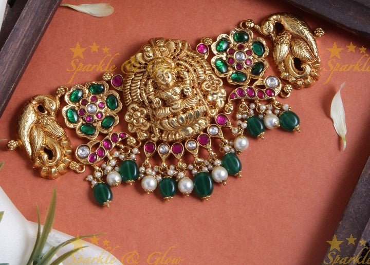 Stunning Lakshmi and floral design choker with bead drops - Sparkle and Glow - Back Thread - 