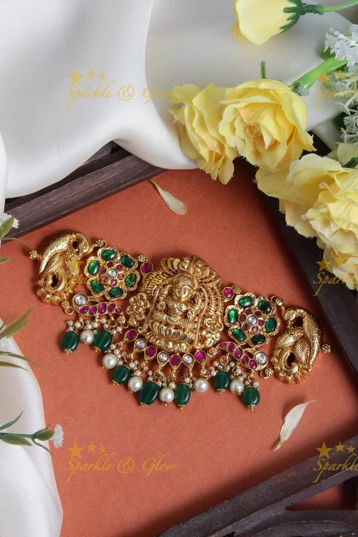 Stunning Lakshmi and floral design choker with bead drops - Sparkle and Glow