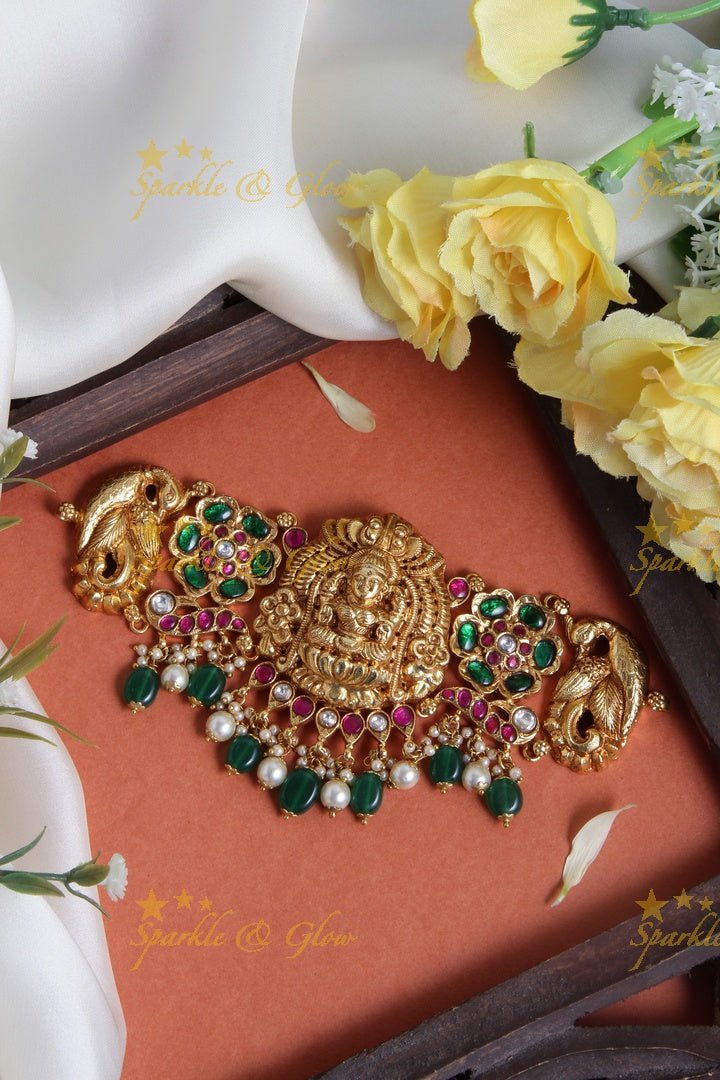 Stunning Lakshmi and floral design choker with bead drops - Sparkle and Glow - Back Thread - 