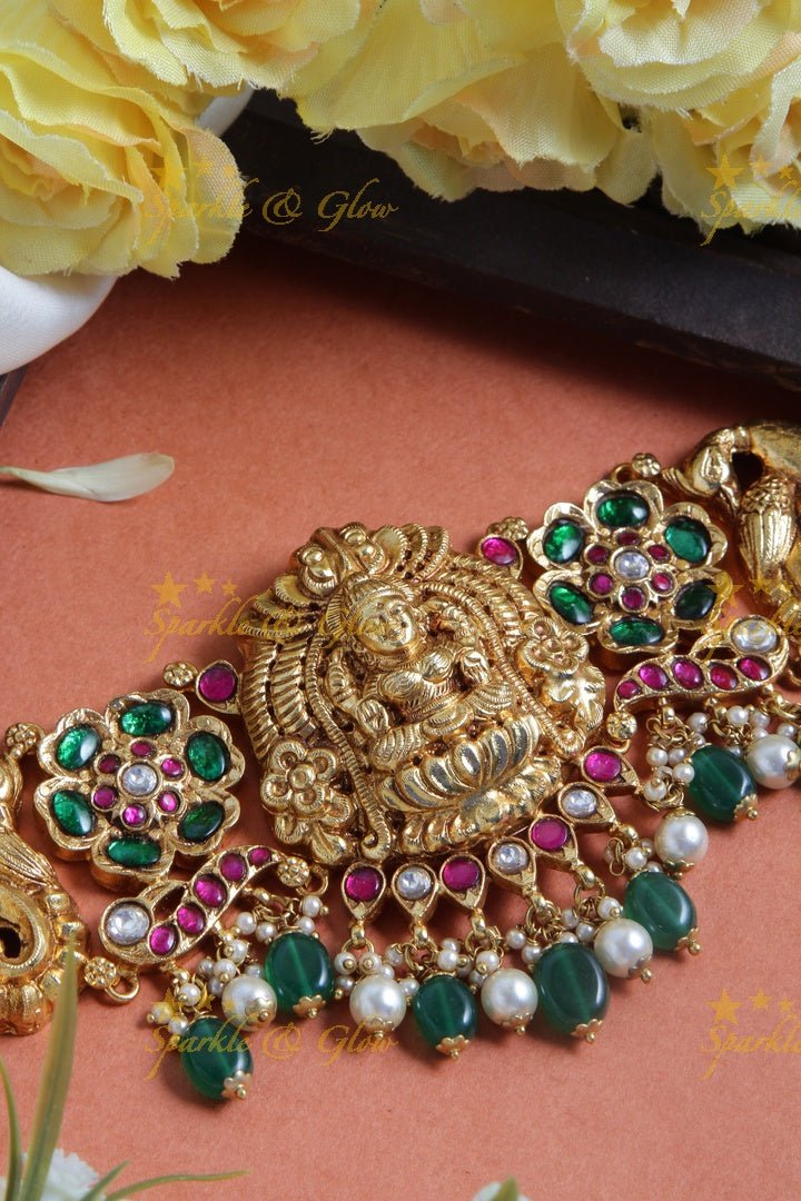 Stunning Lakshmi and floral design choker with bead drops - Sparkle and Glow - Back Thread - 
