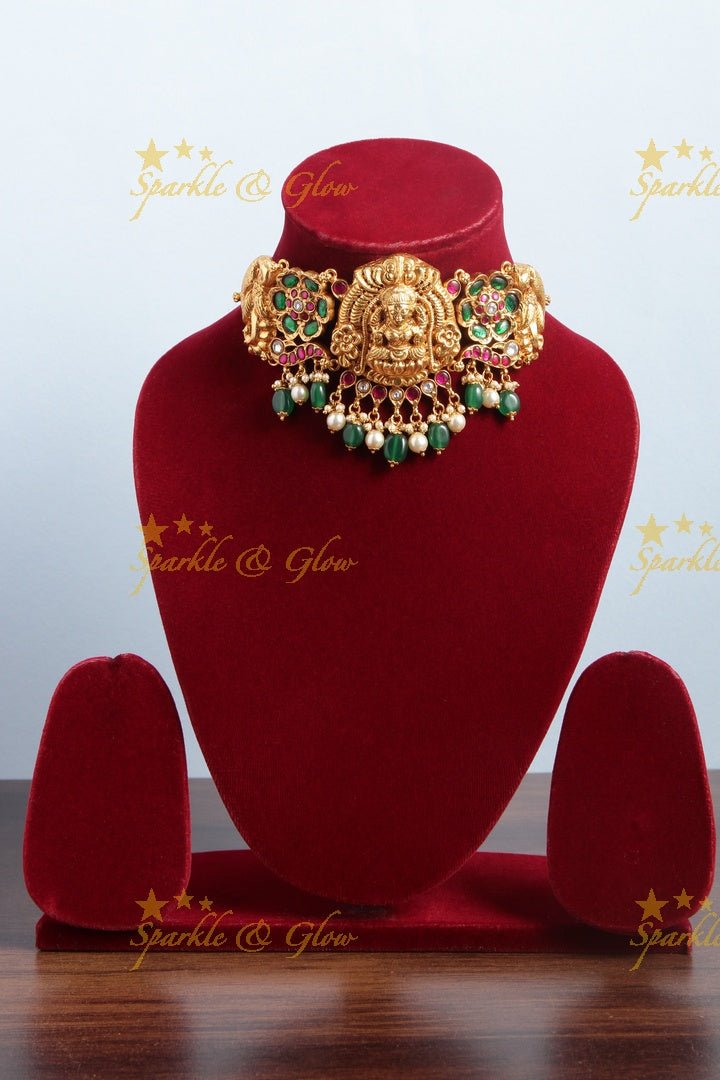 Stunning Lakshmi and floral design choker with bead drops - Sparkle and Glow - Back Thread - 