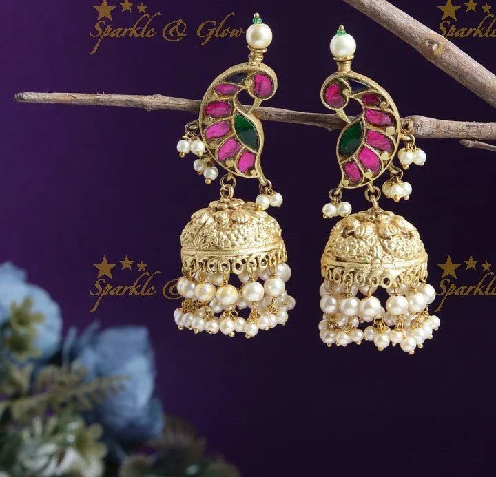 Statement Peacok studded Jadau jhumukas - Sparkle and Glow