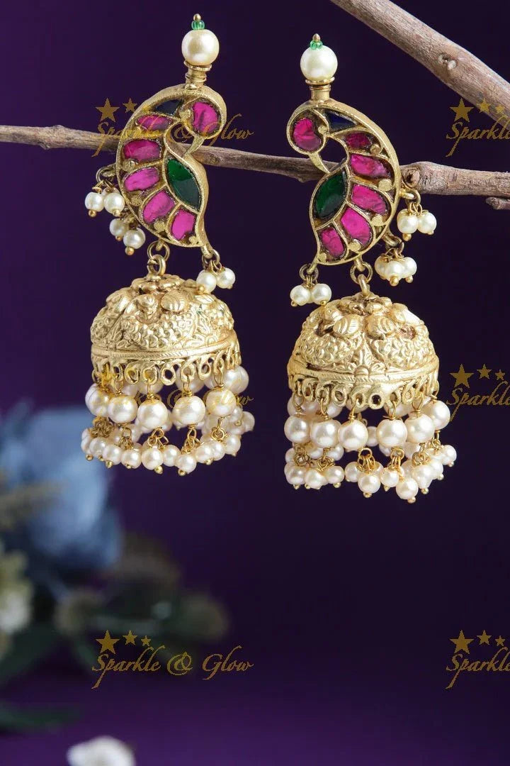 Statement Peacok studded Jadau jhumukas - Sparkle and Glow