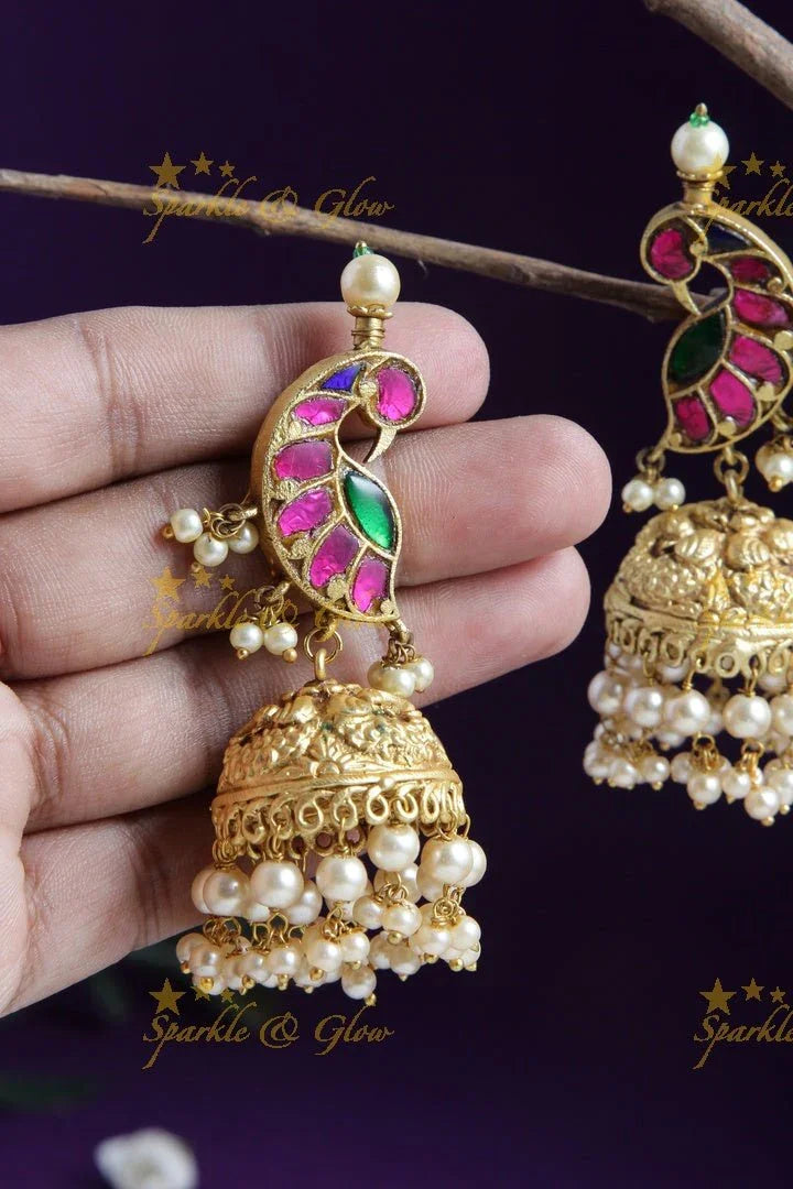 Statement Peacok studded Jadau jhumukas - Sparkle and Glow