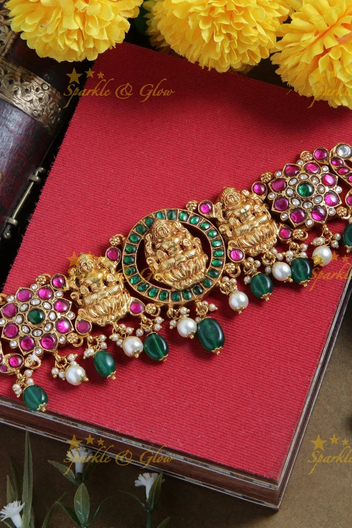 Stunning Lakshmi and floral design choker with bead drops - Sparkle and Glow