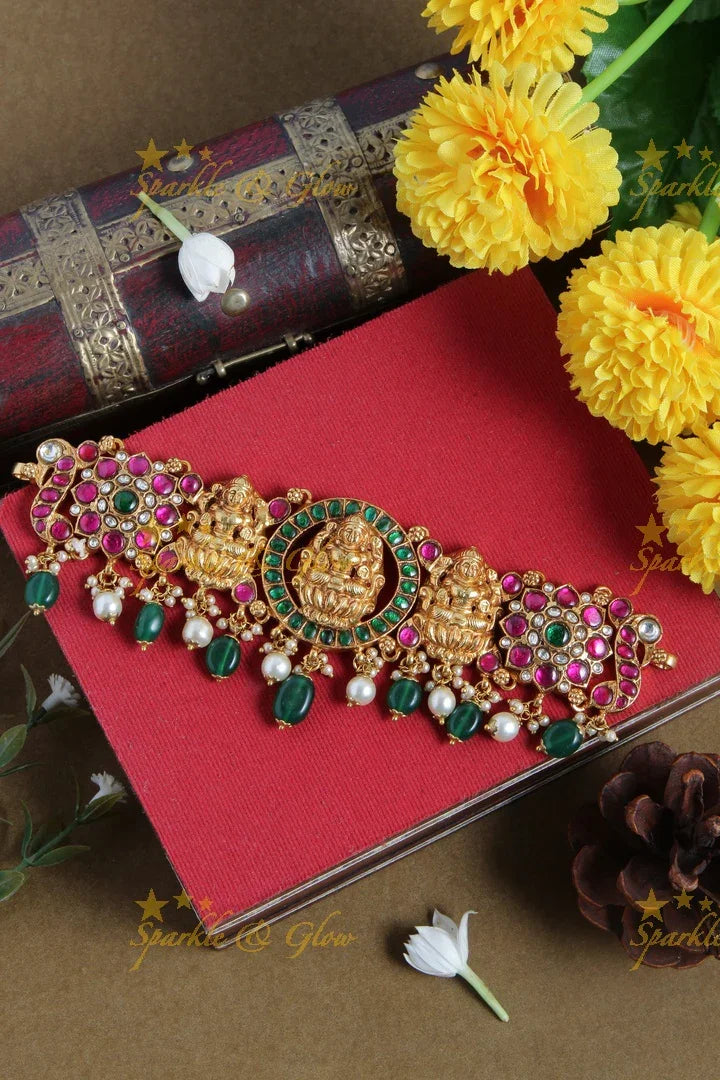 Stunning Lakshmi and floral design choker with bead drops - Sparkle and Glow