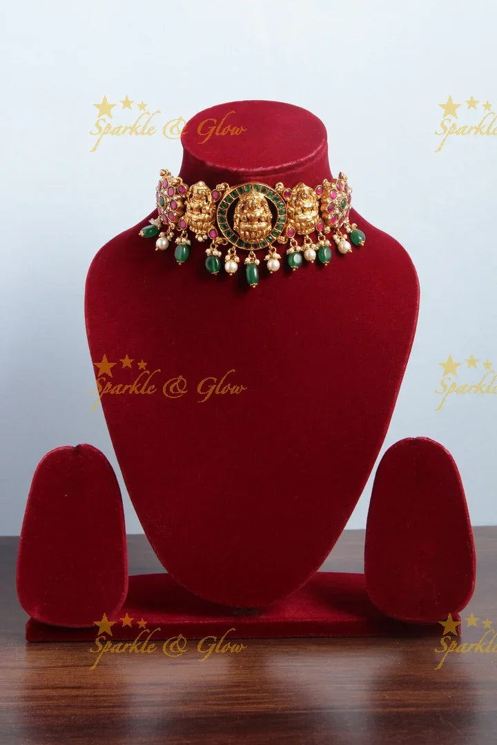 Stunning Lakshmi and floral design choker with bead drops - Sparkle and Glow