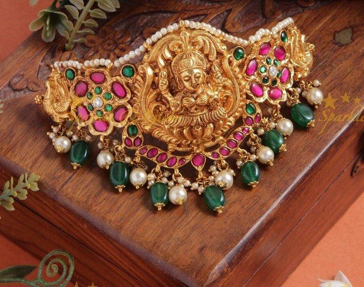 Beautiful Lakshmi and floral design choker with bead drops - Sparkle and Glow