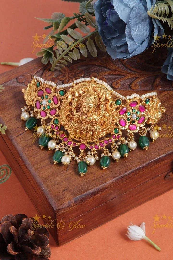 Beautiful Lakshmi and floral design choker with bead drops - Sparkle and Glow