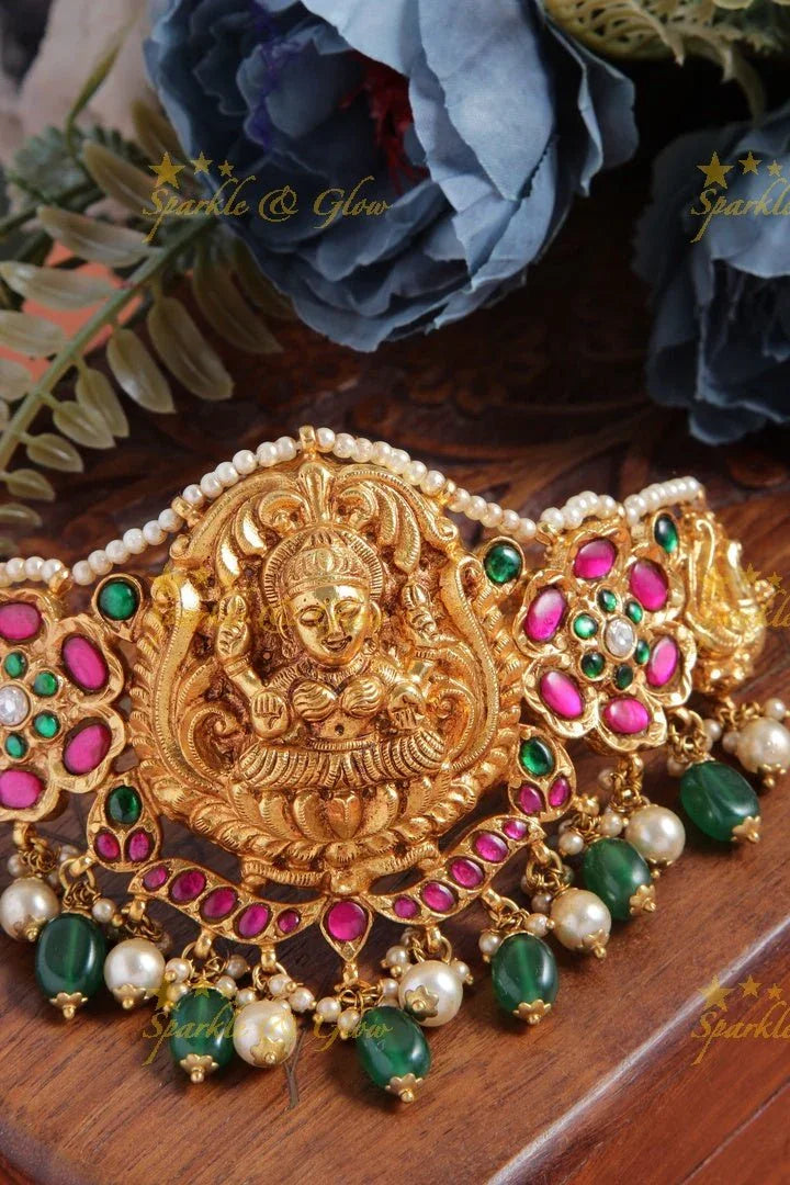 Beautiful Lakshmi and floral design choker with bead drops - Sparkle and Glow