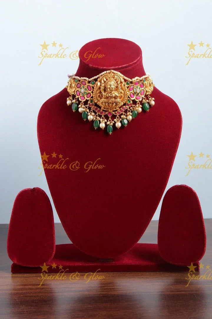 Beautiful Lakshmi and floral design choker with bead drops - Sparkle and Glow