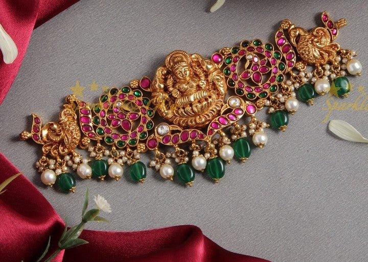 Gorgeous Jadau Choker with Lakshmi and peacock carving - Sparkle and Glow