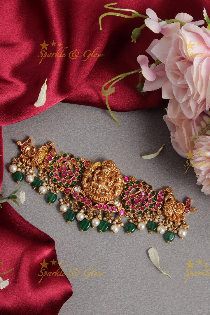 Gorgeous Jadau Choker with Lakshmi and peacock carving - Sparkle and Glow