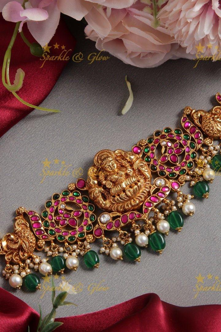 Gorgeous Jadau Choker with Lakshmi and peacock carving - Sparkle and Glow