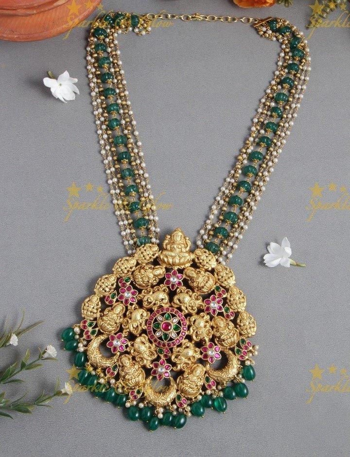 Unique and Statement Jadau Lakshmi Huge size Pendent Green pumpkin and pearl beads chain - Sparkle and Glow